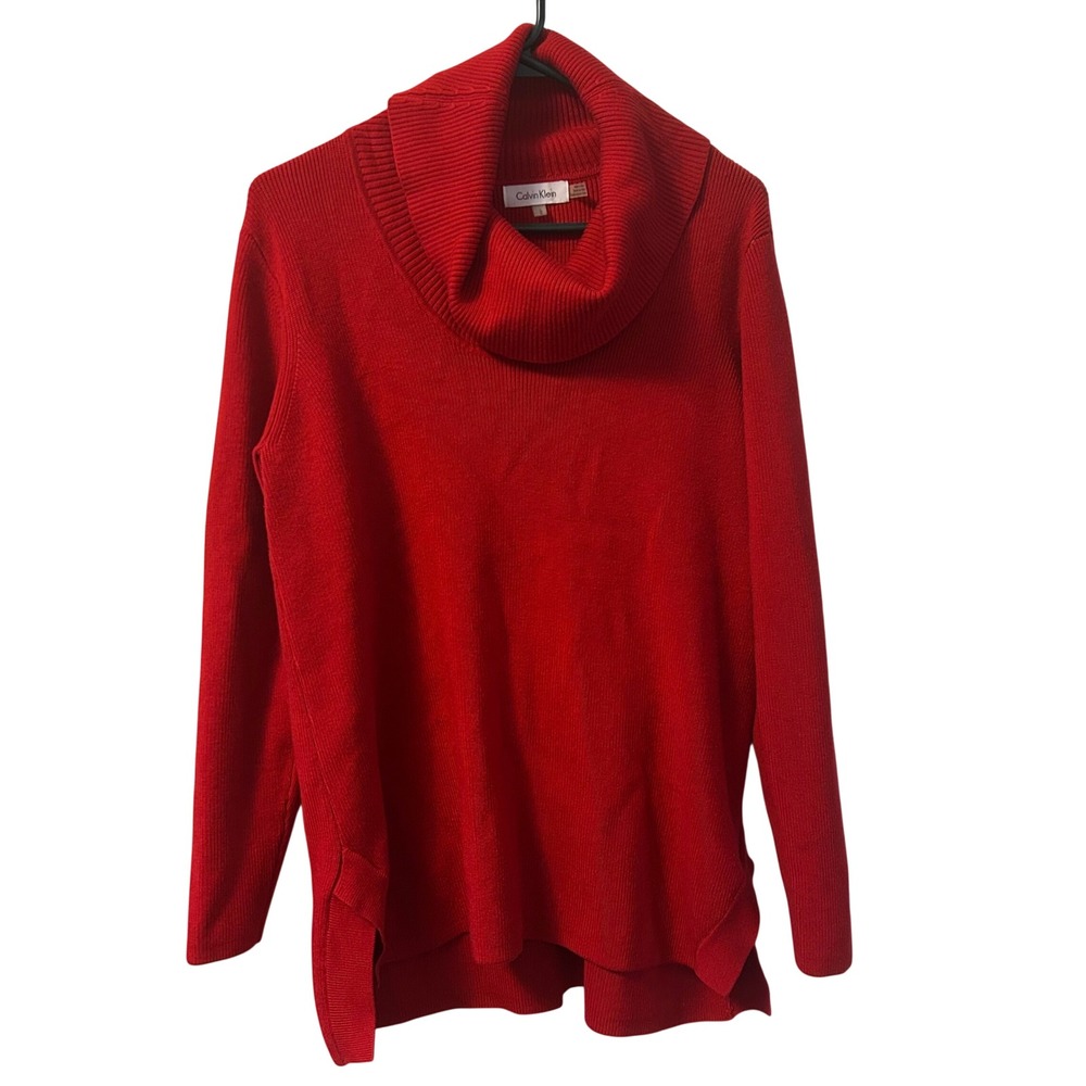 Calvin Klein Red Cowl Neck Tunic Sweater L High Low Hem Cozy Minimalist